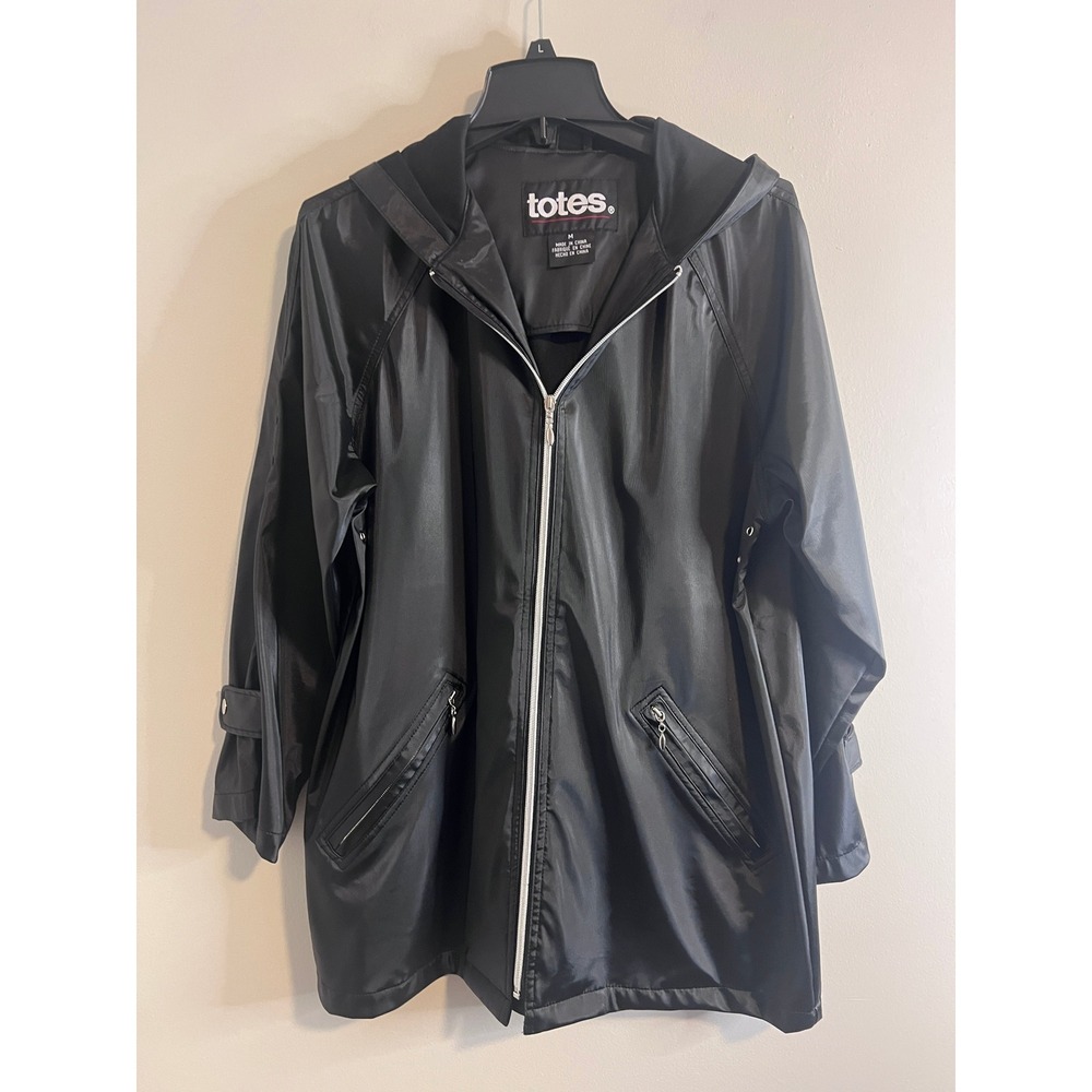 Totes Black Hooded Rain Jacket Womens Medium Full Zip Windbreaker Coat